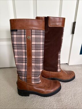 Ariat Brown Leather Over-the-Knee Boots with Pink Plaid Panels